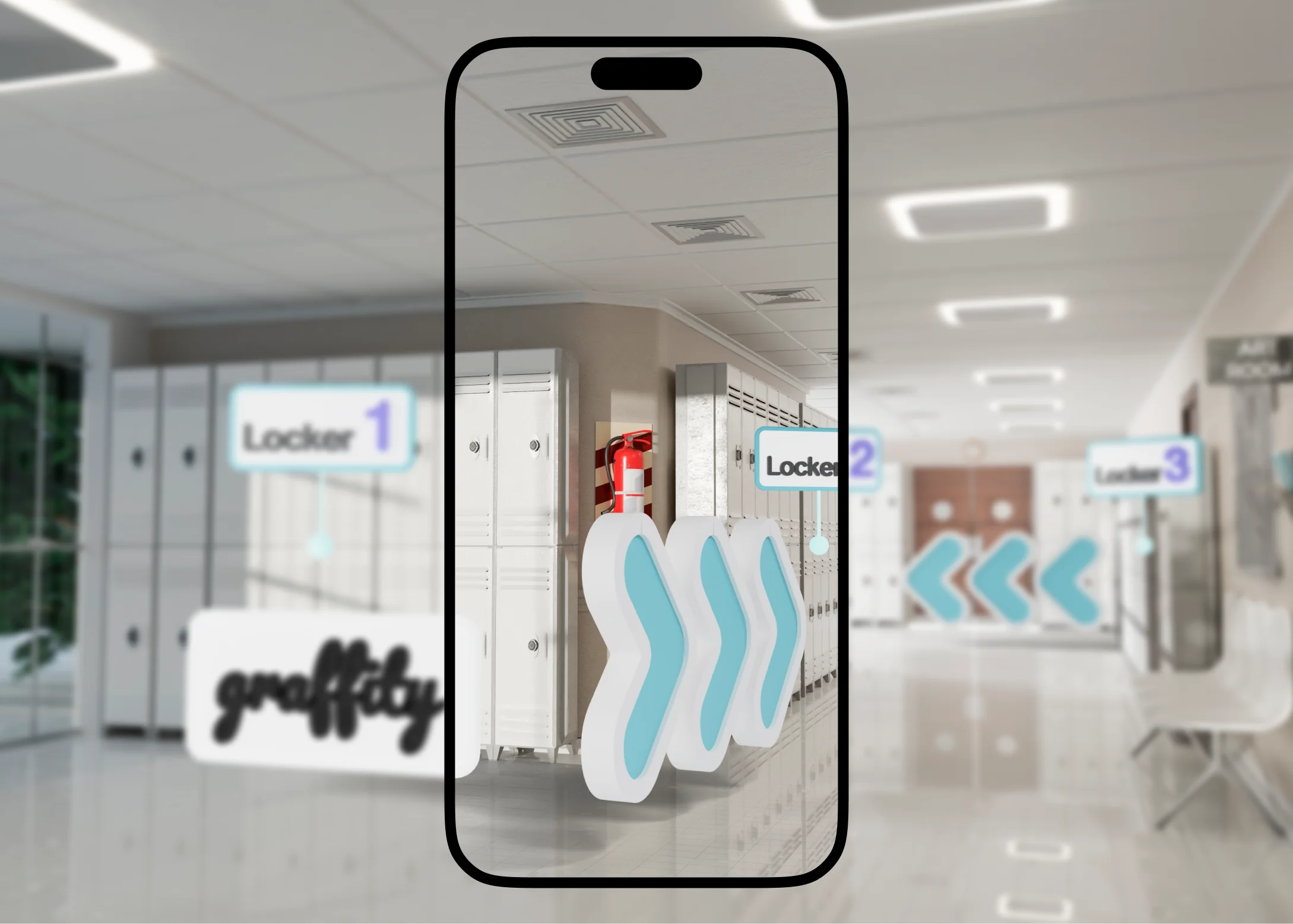 AR navigation path drawn along an indoor corridor on a phone screen