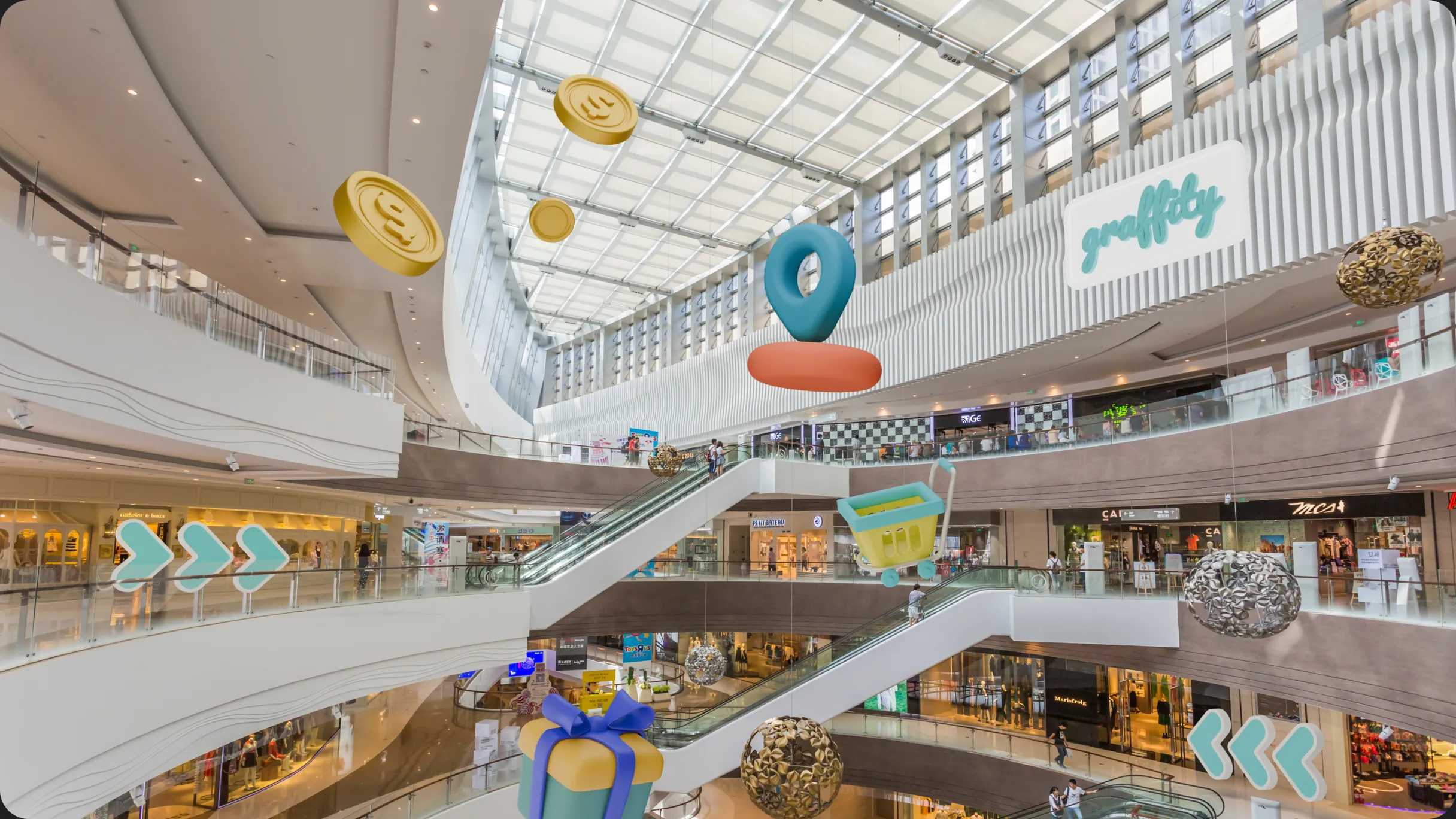 AR wayfinding markers and directional arrows overlaid on a multi-level shopping mall interior
